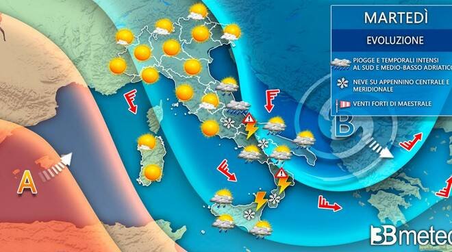 meteo-martedi:-vortice-ancora-in-azione-con-pioggia,-neve-e-mareggiate,-le-regioni-piu-coinvolte